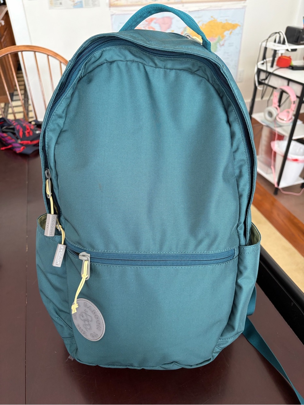 Baboon to the moon city backpack in teal with yellow